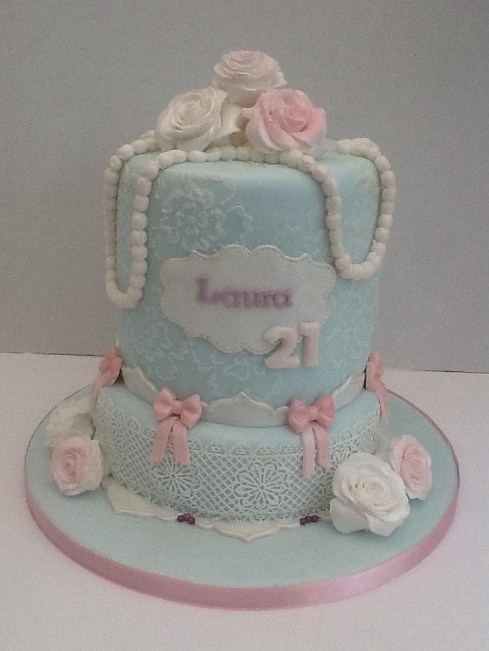 Vintage lace, pearls and roses 21st Birthday Cake