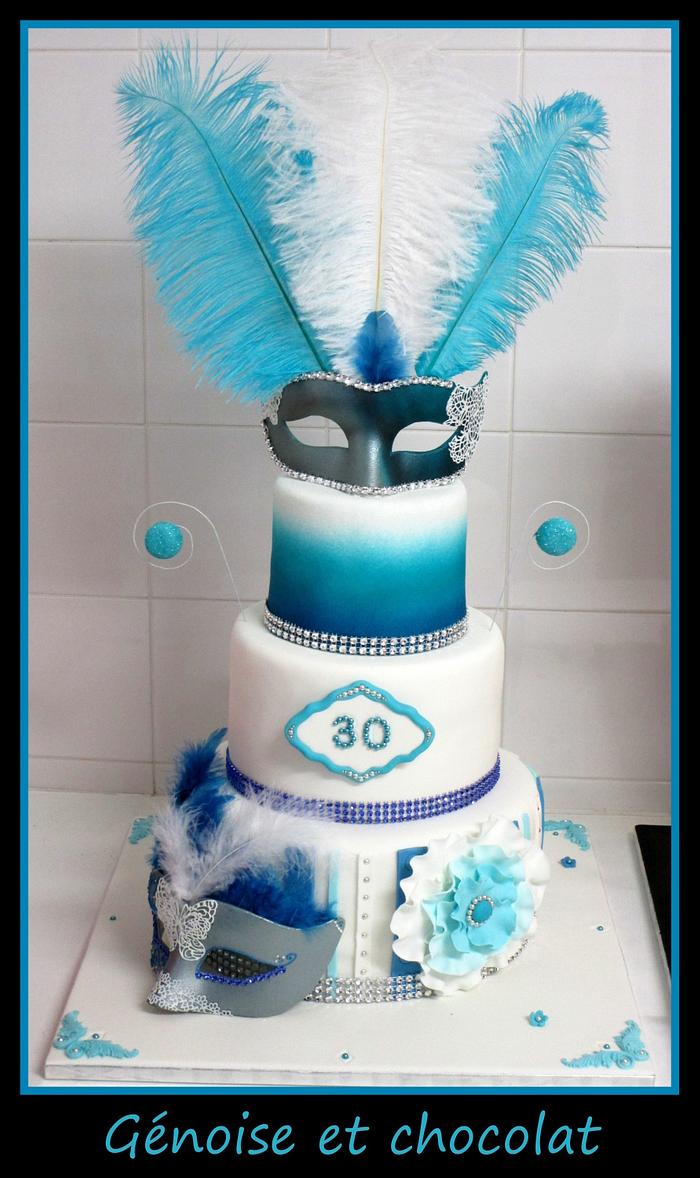 White, blue and silver venetian masked ball cake