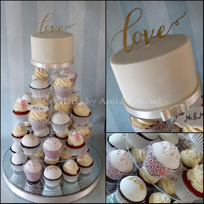 Romantic wedding cake with cupcakes