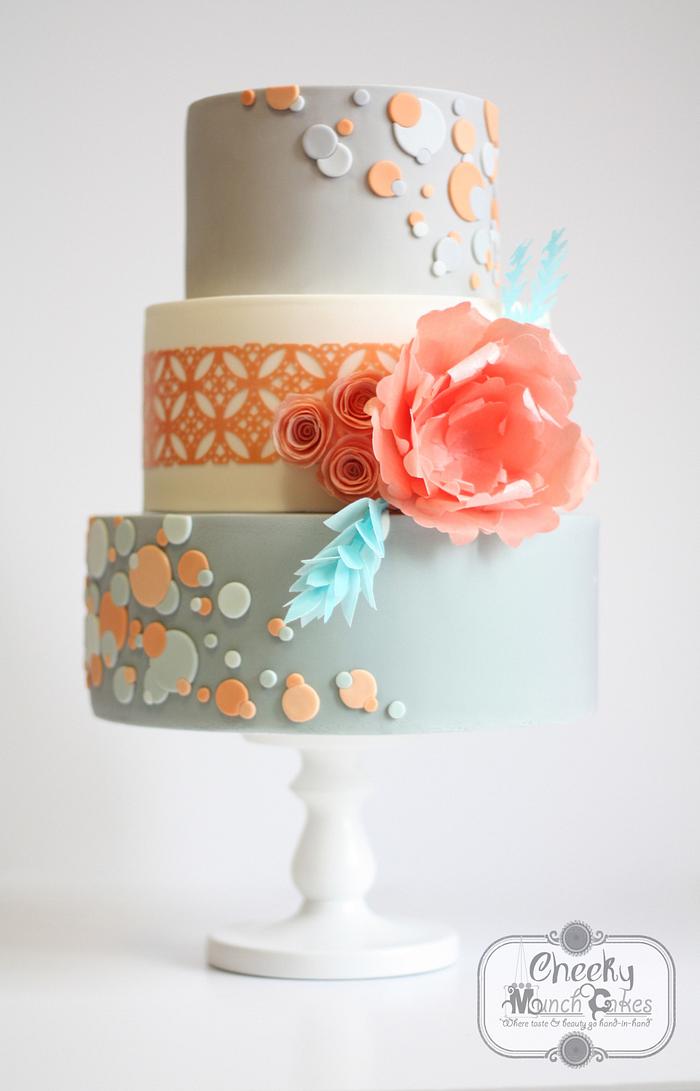 Peach and Grey Polkadot Wedding Cake with Wafer Paper Flowers