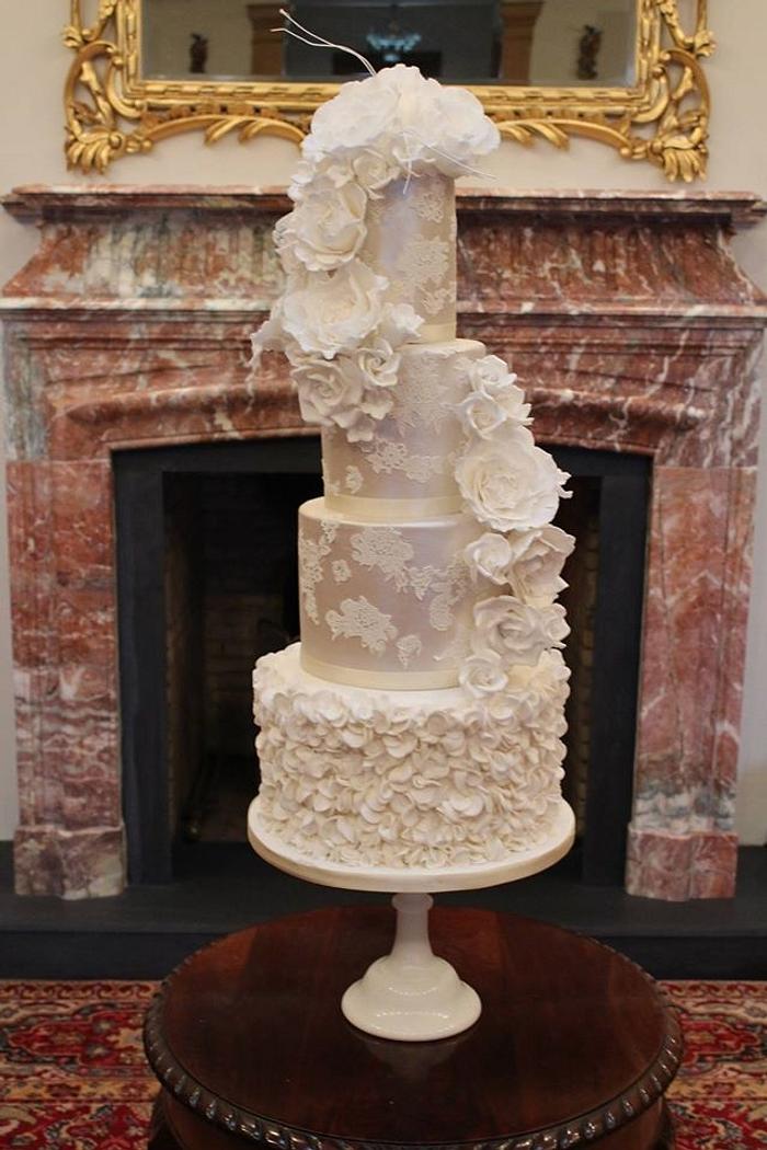 Luxe Pearls & Lace Ruffled Wedding Cake