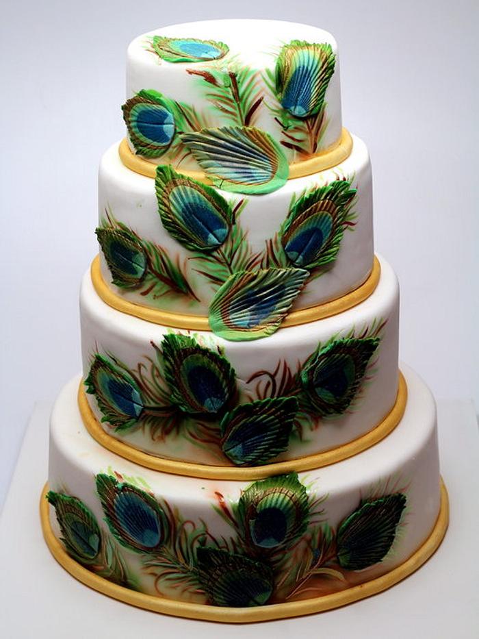 Wedding Cake with Peacock Feathers