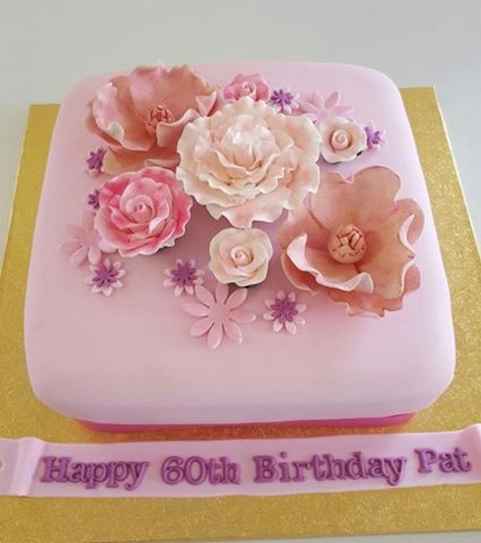 Pink Flower Square Cake