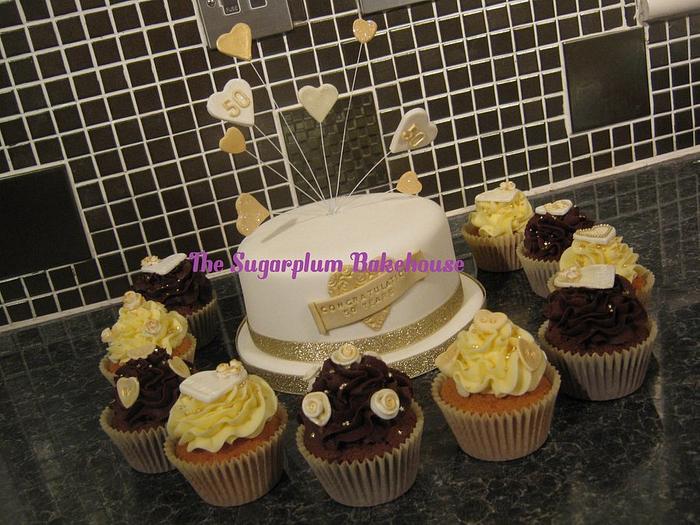 Golden Anniversary Cake & Cupcakes