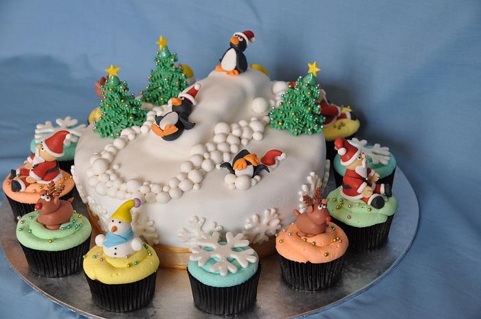 Penguin Ski Slope Christmas Cake
