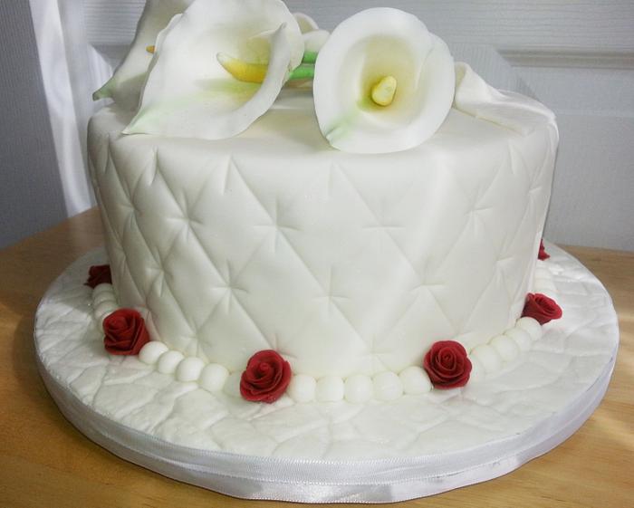 White Calla Lily Red Rose Wedding Cake