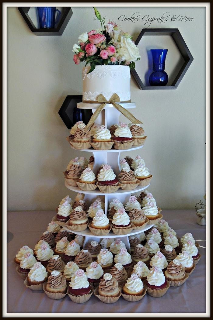 Burlap and lace cupcake wedding cake