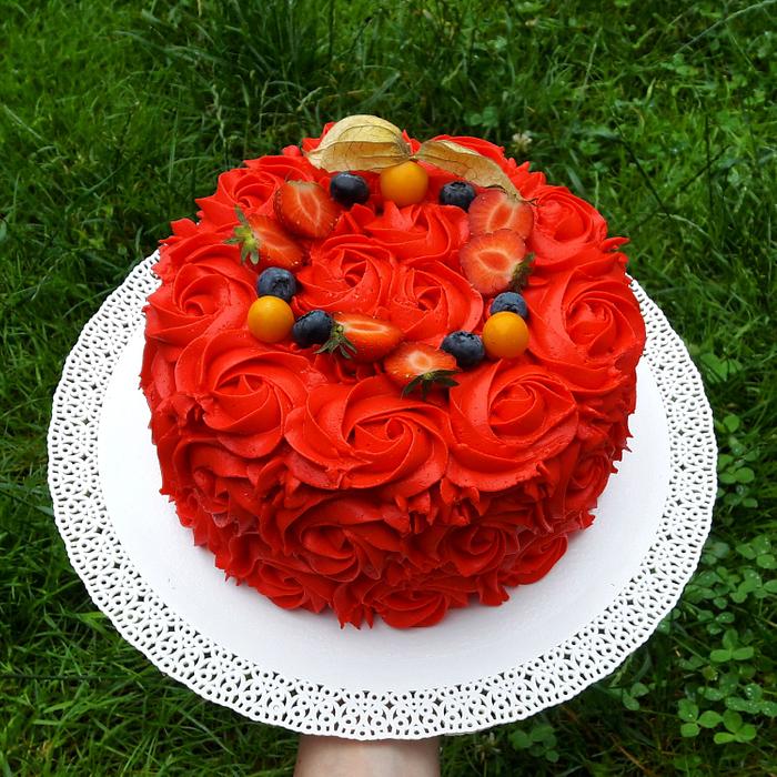 Red rosette cake