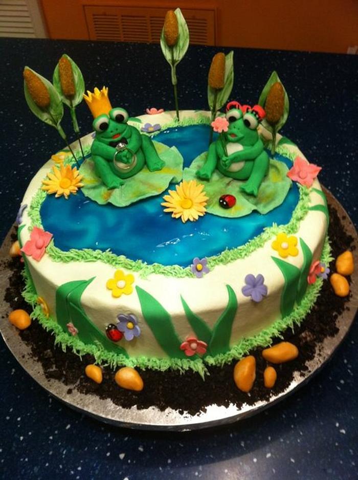 Frogs on Lily pad engagement cake