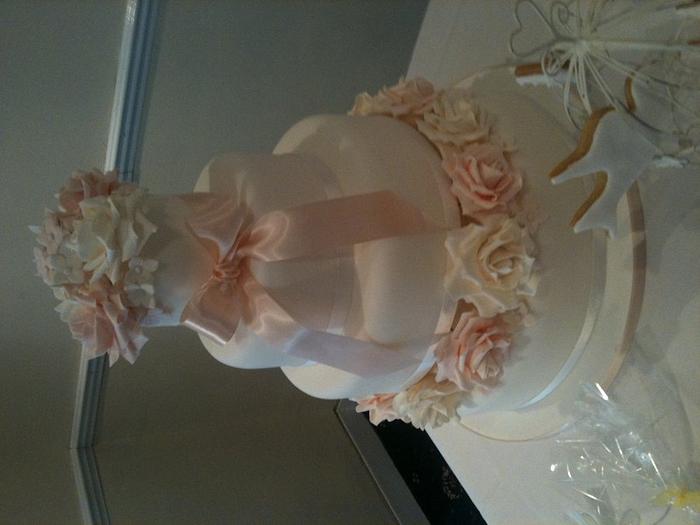 3 Tier Rose & Hydrangea Wedding Cake 