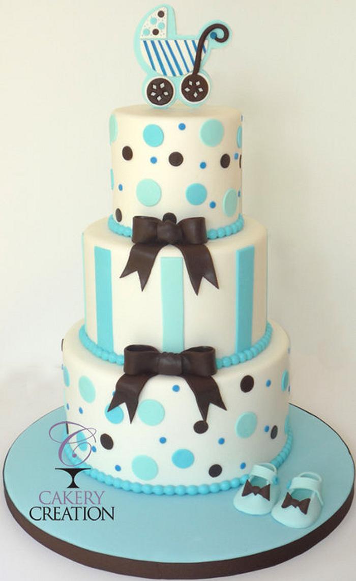 Baby Shower cake: blue, brown and white