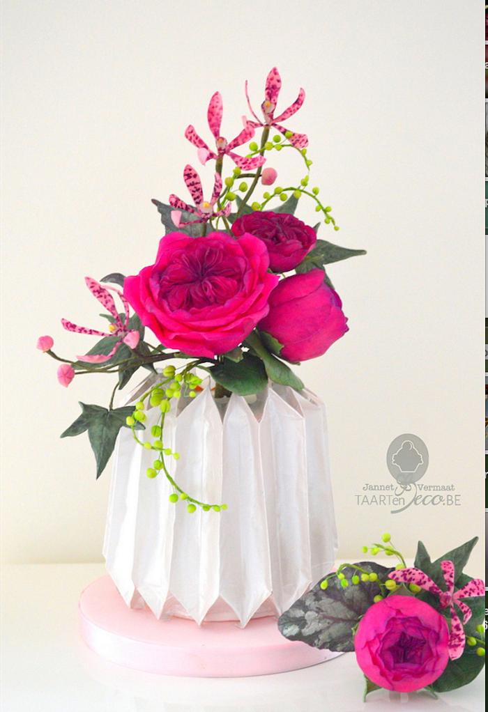 cake with origami vase, orchids and roses