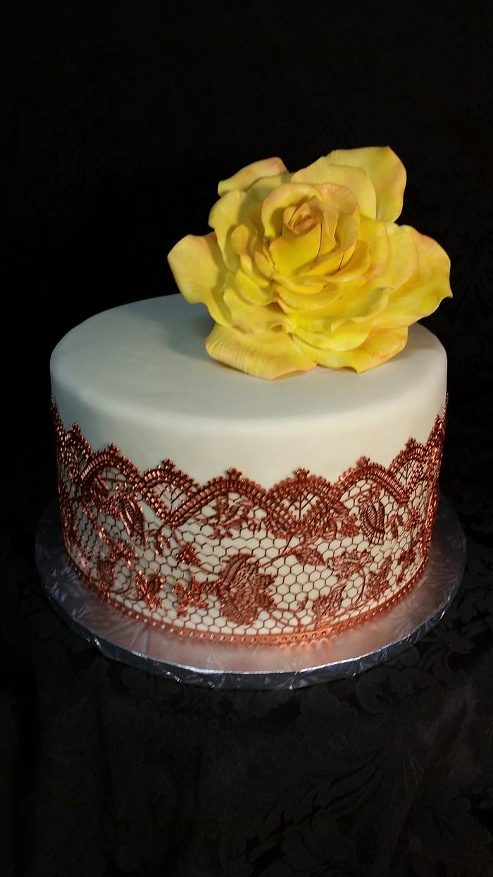 Copper cake lace and gumpaste rose