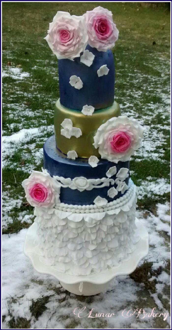 Blue and gold bridal cake