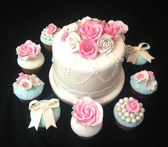 Wedding shower cake with cupcakes