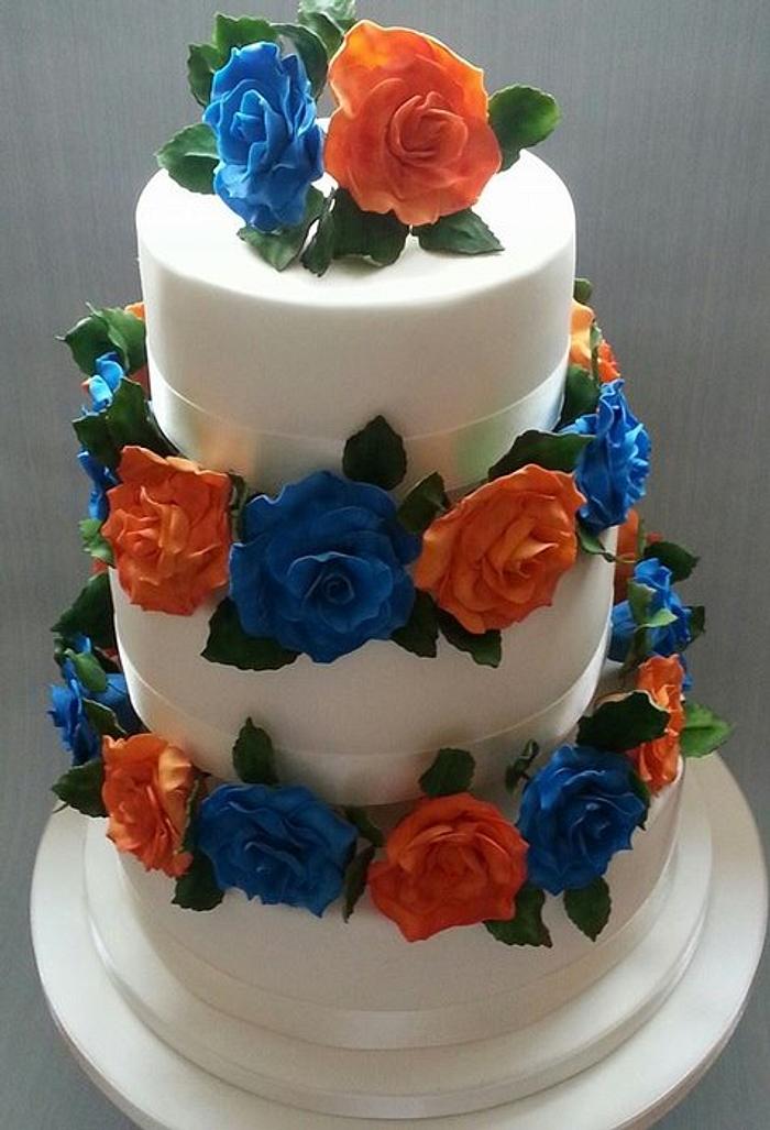 Orange and blue wedding cake