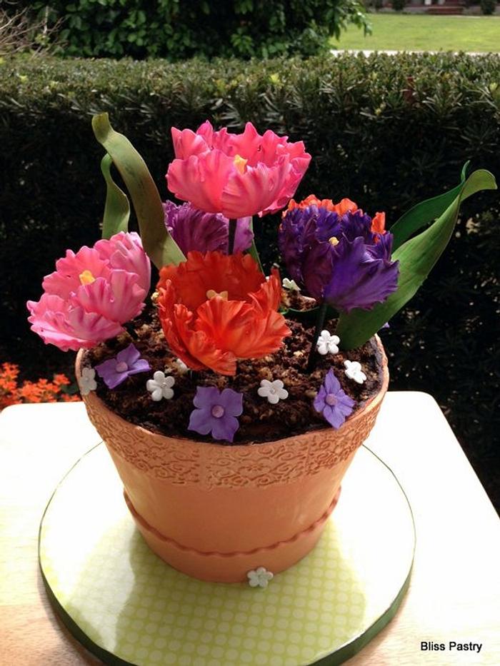 Flower Pot With Parrot Tulips