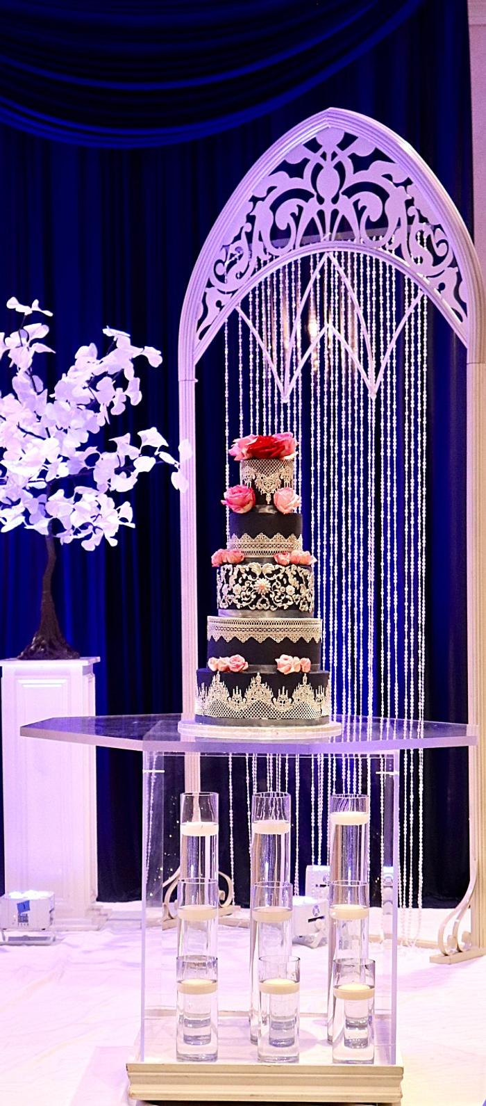 Navy and silver wedding cake