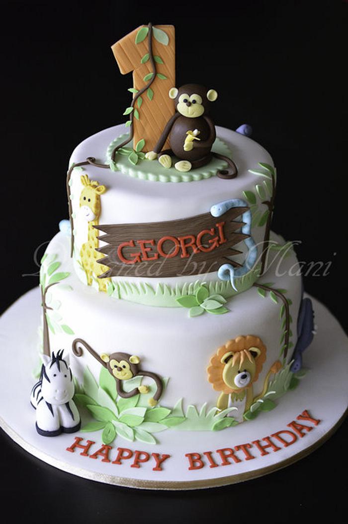 jungle themed 1st birthday cake