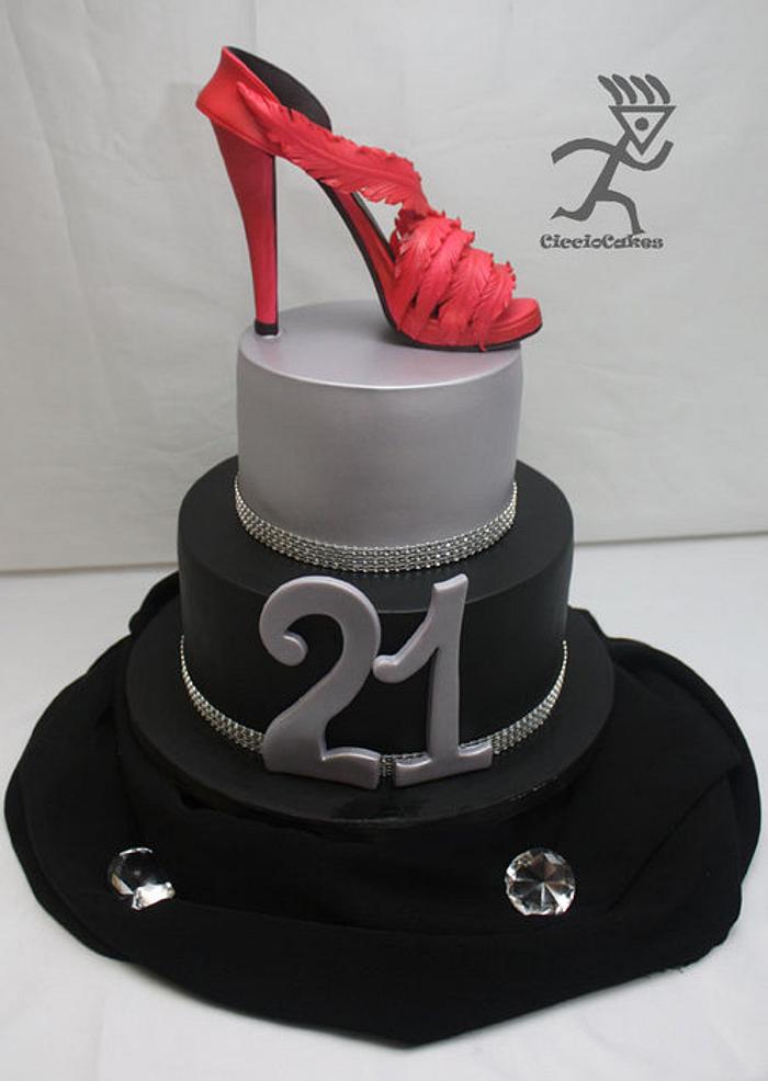 Hot Pink Stiletto 21st Cake with Miniature cupcake - edible shoes