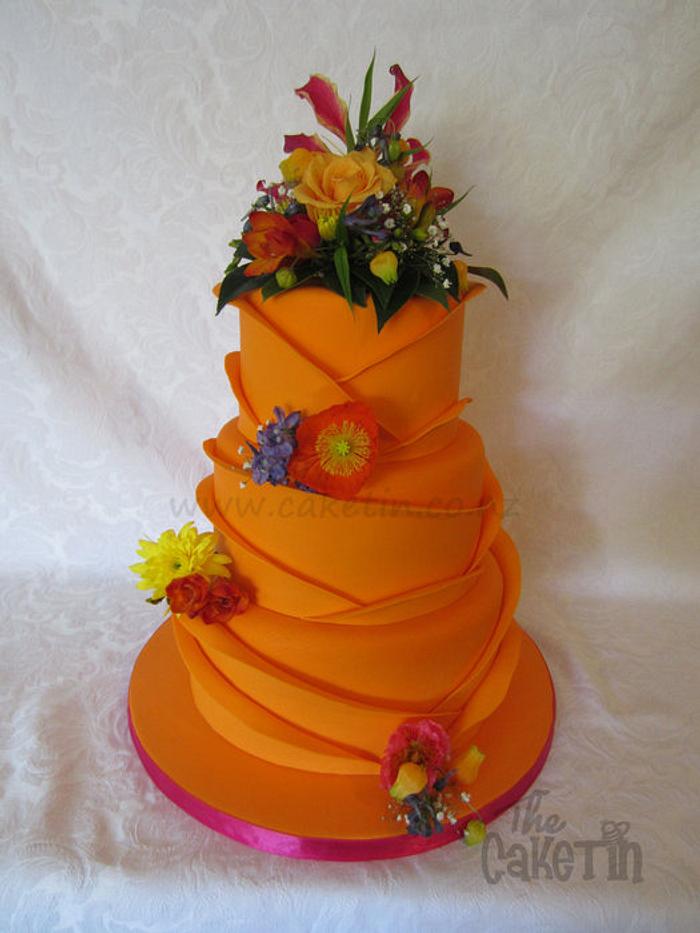 Orange Ruffled Wedding Cake