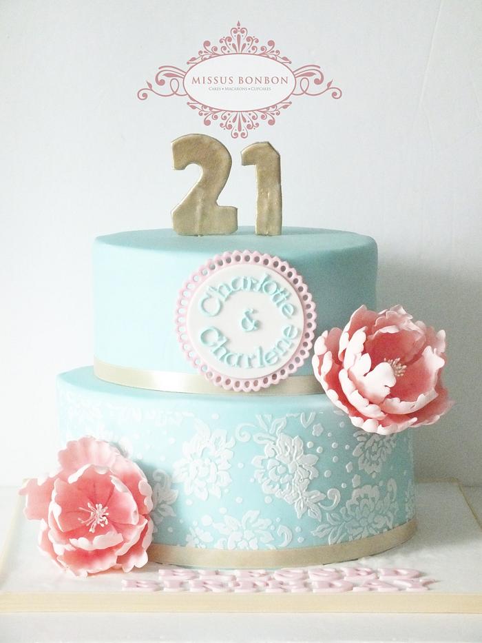 Peony and White Lace 21st Birthday Cake