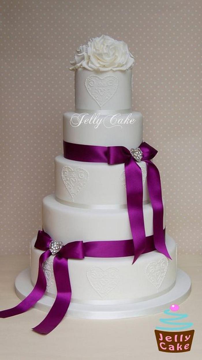 Purple Bows and Hearts Wedding Cake