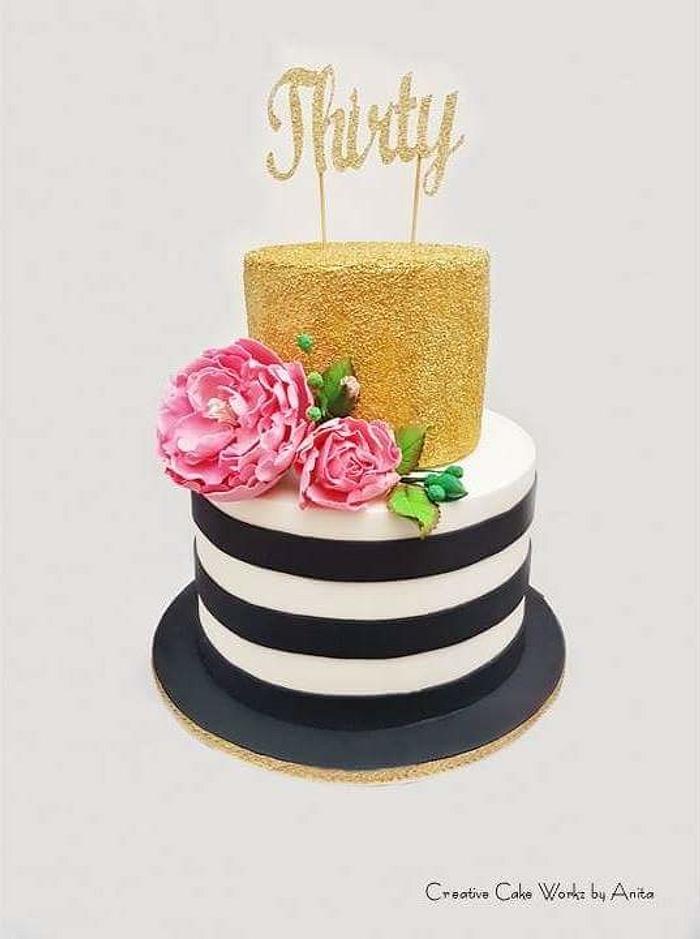 Black & White Stripe Gold Confetti Cake
