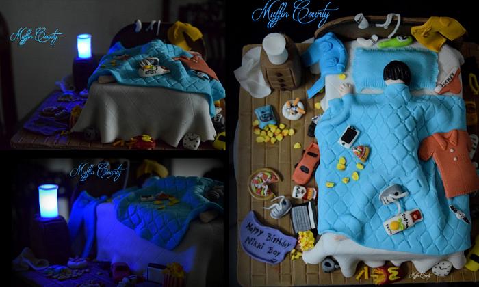 Messy bed room cake with glowing Lamp shade 