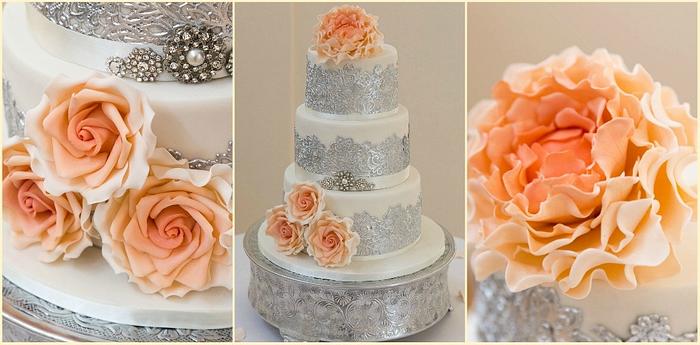 Silver and peach wedding cake