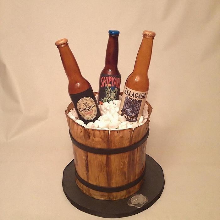 Bucket of beer cake with edible bottles 