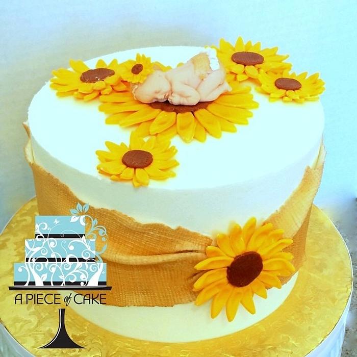 Sunflowers and burlap baby shower cake 