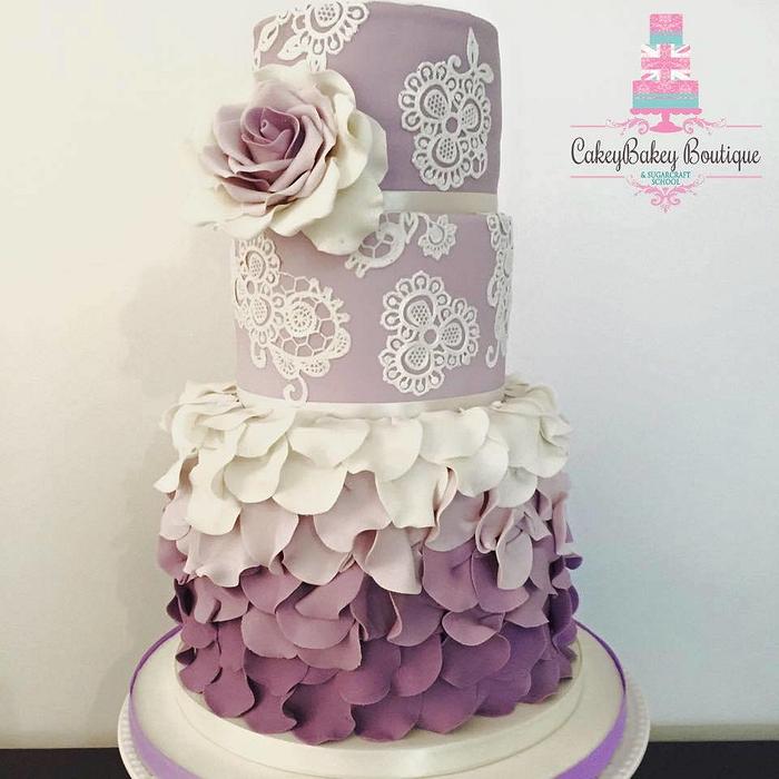 Purple Lace and ruffle wedding Cake