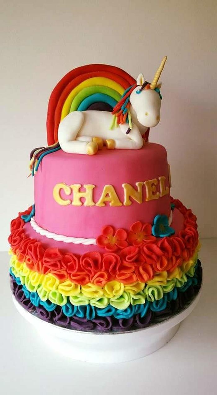 Ruffeled rainbow unicorn cake 