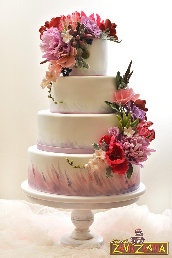 Purple Flowers Wedding Cake
