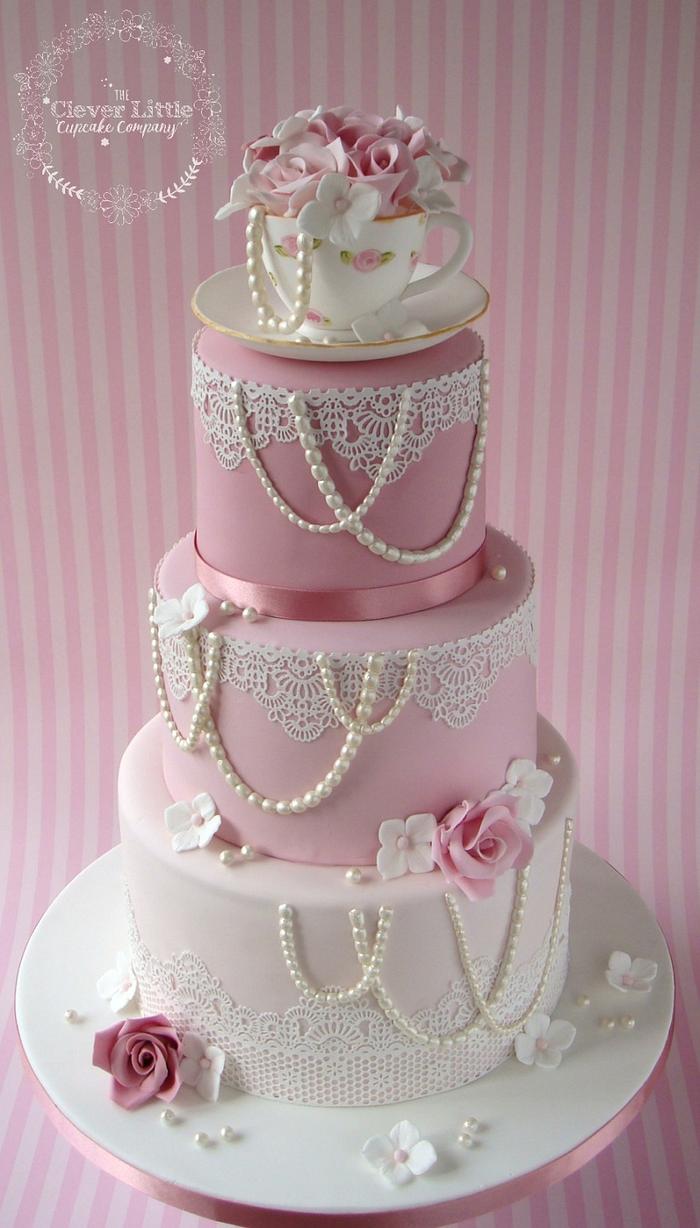Vintage Tea Cup & Lace Wedding Cake