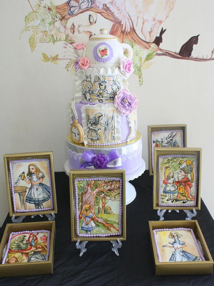 Alice in Wonderland Themed Wedding Cake and Cookies