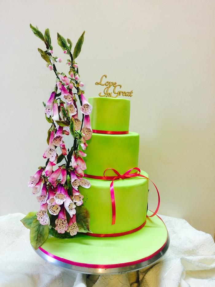 Engagement cake with foxglove flowers 