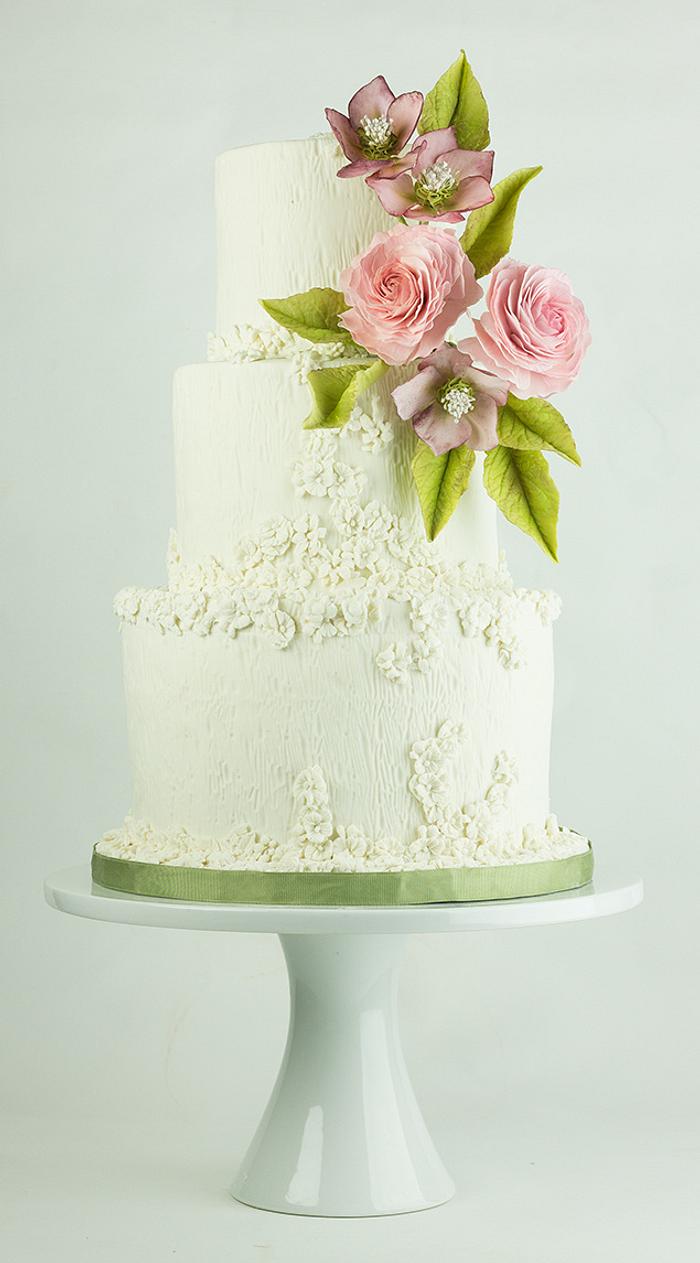 Ranunculus and Hellebore wedding cake