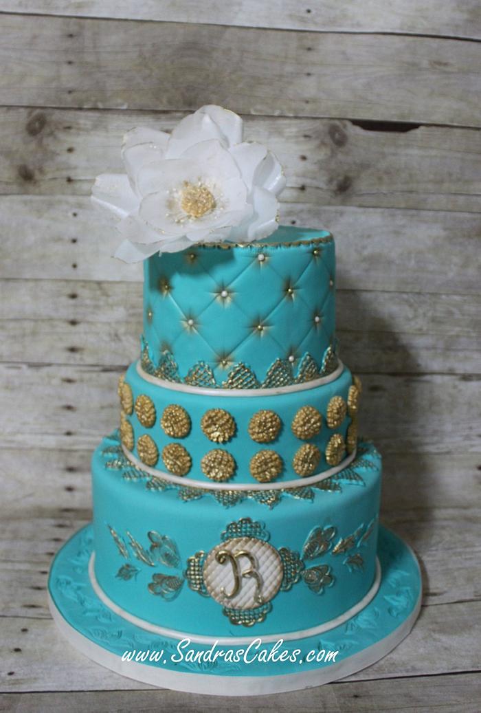 Elegant TIffany and Gold birthday cake