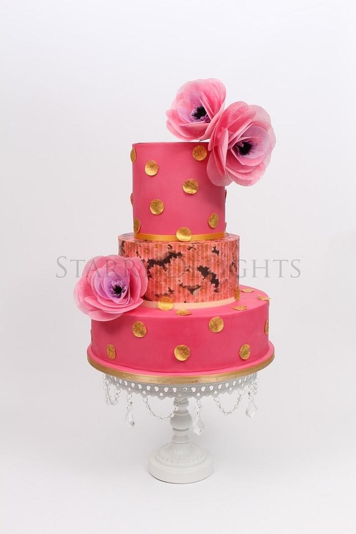 Wedding cake in pink and gold (wafer paper flower tutorial