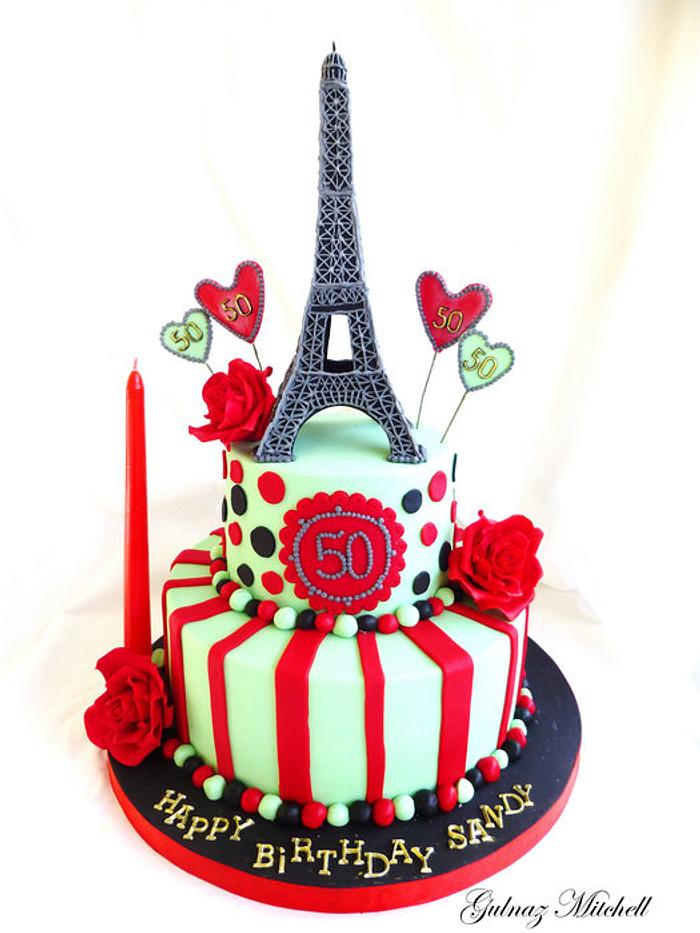 "La Vie En Rose" . Paris theme cake with Eiffel tower and red roses.