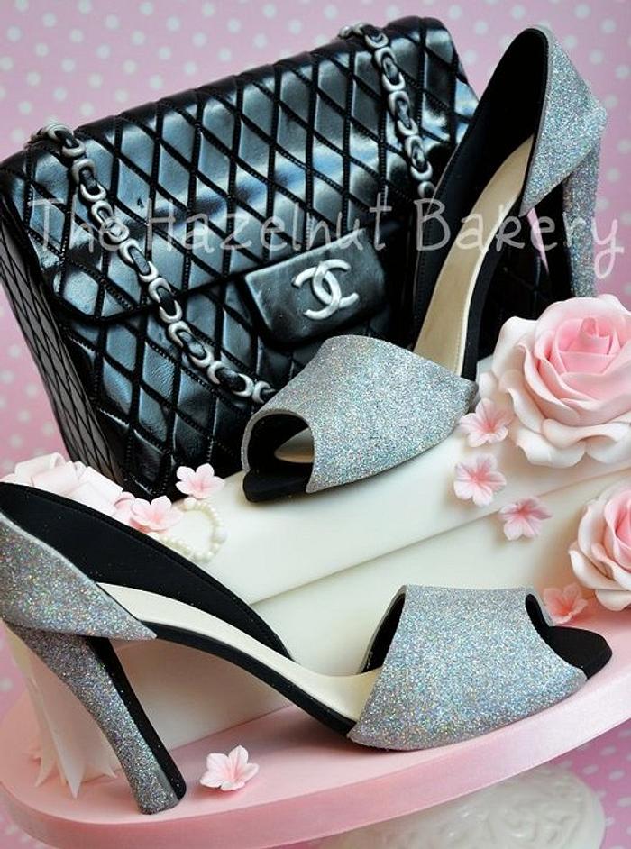 Sparkly shoes and Chanel handbag cake!