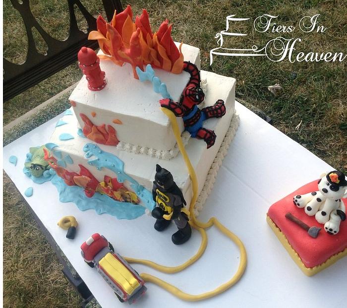 Batman spiderman firefighter cake
