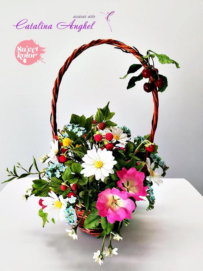 Summer sugar flowers and fruits basket