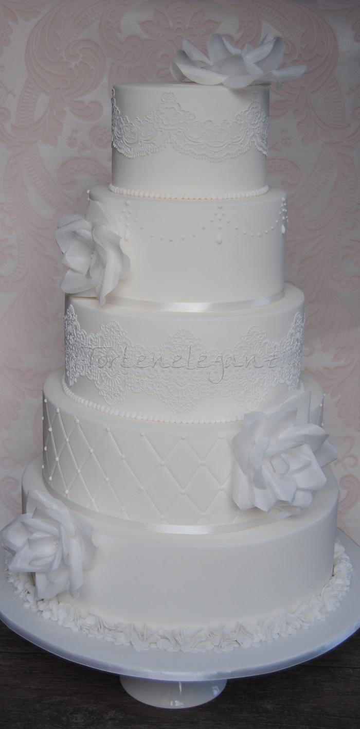 All White Wedding Cake with Cake Lace & Wafer Paper Flowers
