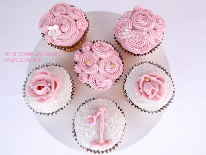 Pink Shabby Chic Baby's 1st Birthday Cupcakes