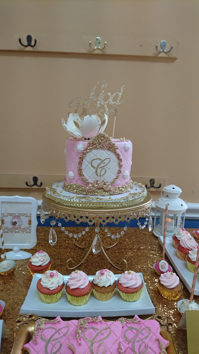  Pink white & Gold Cake 