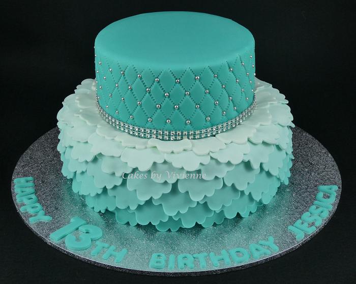 Turquoise Ombre Ruffle and Quilted Birthday Cake
