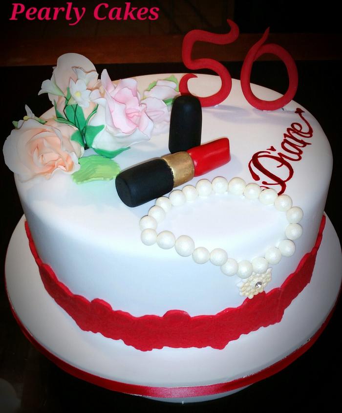 Red Lipstick & a Pearl Bracelet 50th Birthday Cake 
